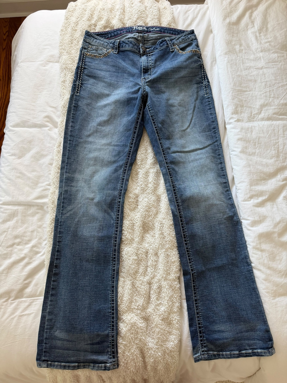 Rock 47 by Wrangler Low Rise Jeans Women's Blue Size 32 Embellished Flare Y2k